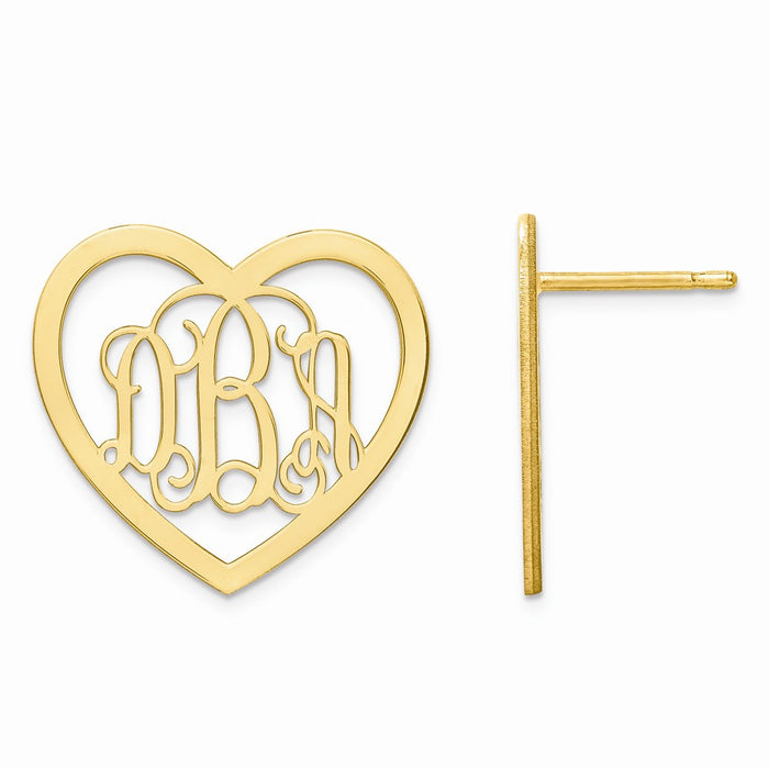 Million Charms 14k Yellow Gold Large Laser Polished Heart Monogram Post Earrings, 18mm x 19mm
