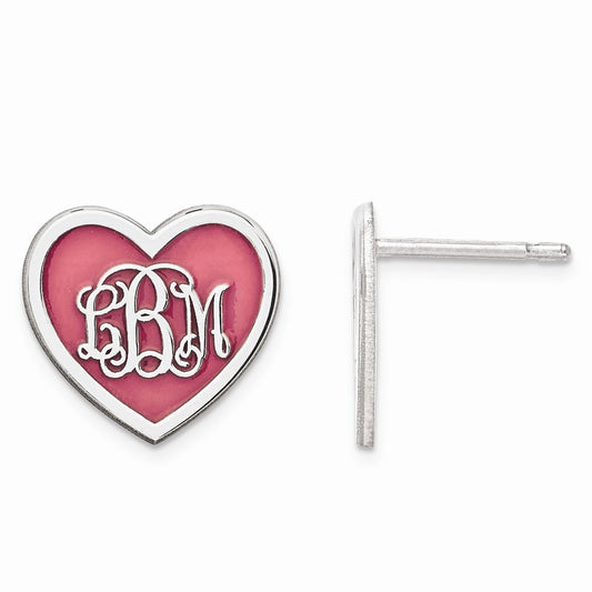 Stella Silver 925 Sterling Silver Rhodium-Plated ed Small Enameled Heart Monogram Post Earrings, 12mm x 13mm