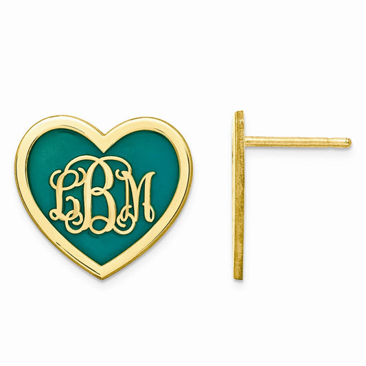 Million Charms Gold Plated/SS Medium Enameled Heart Monogram Post Earrings, 15mm x 16mm