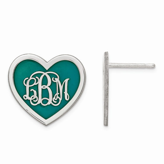 Stella Silver 925 Sterling Silver Rh-plt Medium Enameled Heart Monogram Post Earrings, 15mm x 16mm