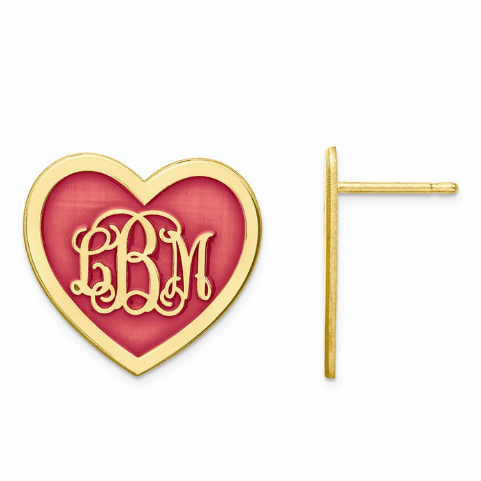 Million Charms Gold Plated/SS Large Enameled Heart Monogram Post Earrings, 18mm x 19mm