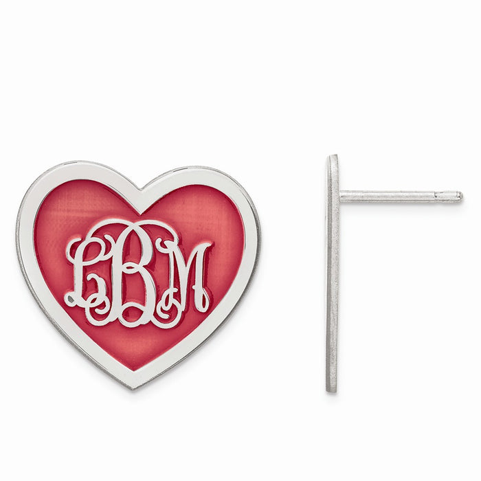 Stella Silver 925 Sterling Silver Rhodium-Plated ed Large Enameled Heart Monogram Post Earrings, 18mm x 19mm