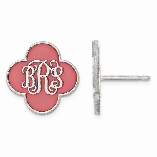 Stella Silver 925 Sterling Silver Rhodium-plated Clover Enameled Monogram Post Earrings, 14mm x 14mm