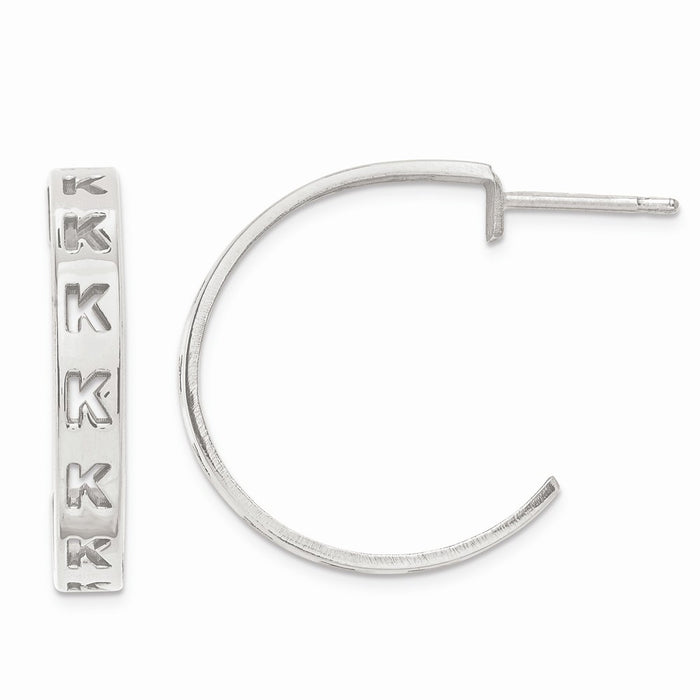 Million Charms 925 Sterling Silver Rhodium Plated  Laser Satin Letter Initial Post Hoop Earrings, 21mm x 20mm