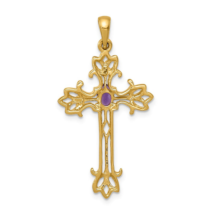 Million Charms 14K Yellow Gold Themed Polished Amethyst Relgious Cross Pendant