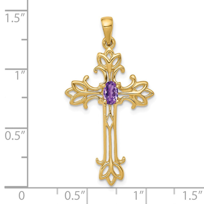 Million Charms 14K Yellow Gold Themed Polished Amethyst Relgious Cross Pendant