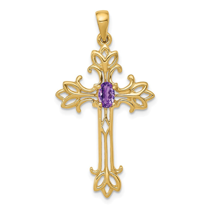 Million Charms 14K Yellow Gold Themed Polished Amethyst Relgious Cross Pendant