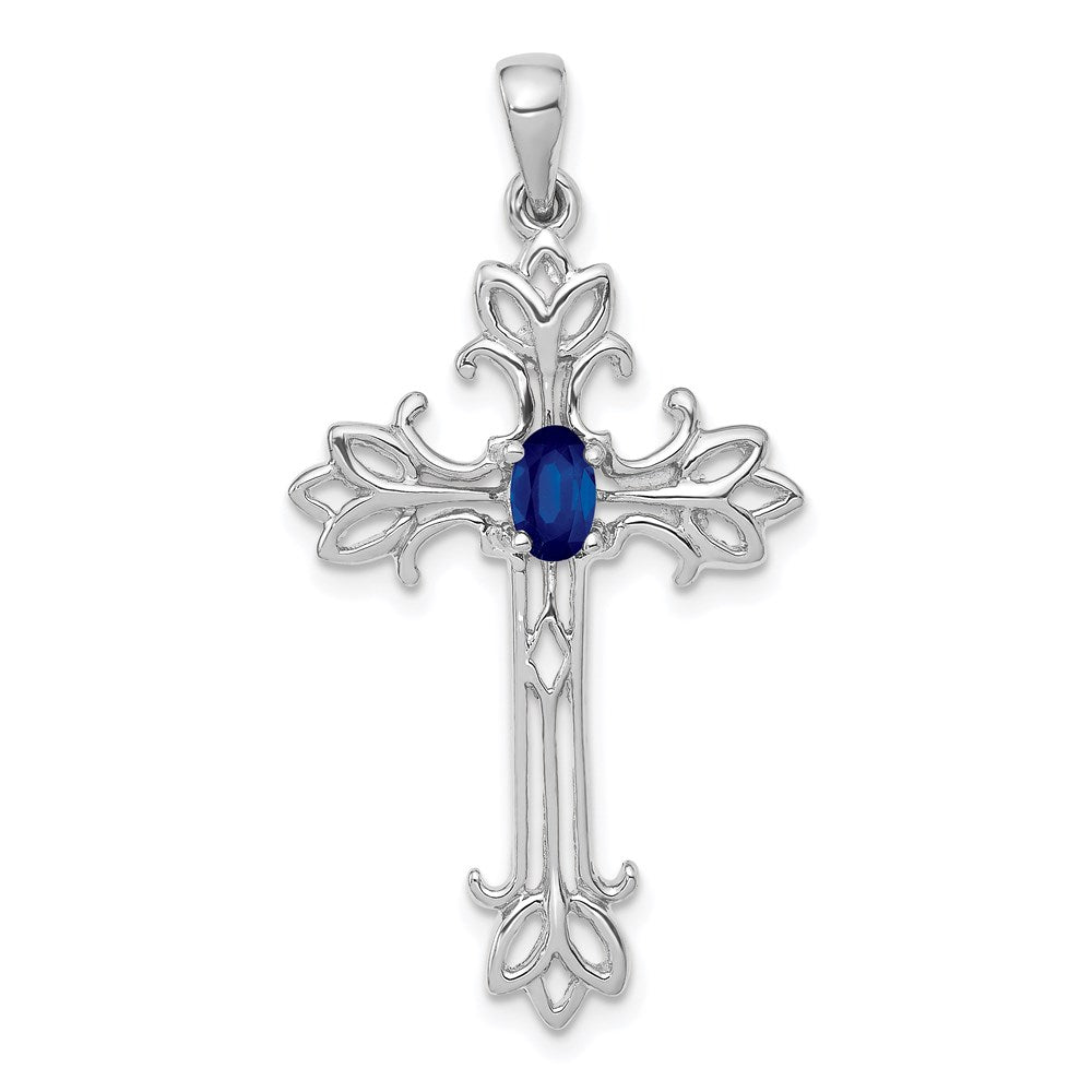 Million Charms 14K White Gold Themed .35 Sapphire Relgious Cross Pendant