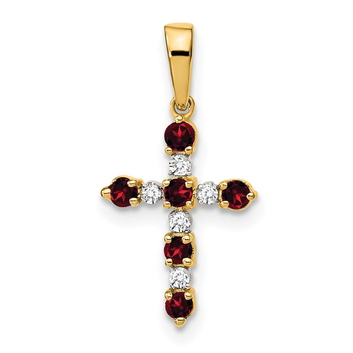 Million Charms 14K Yellow Gold Themed Garnet & Diamond Relgious Cross Pendant