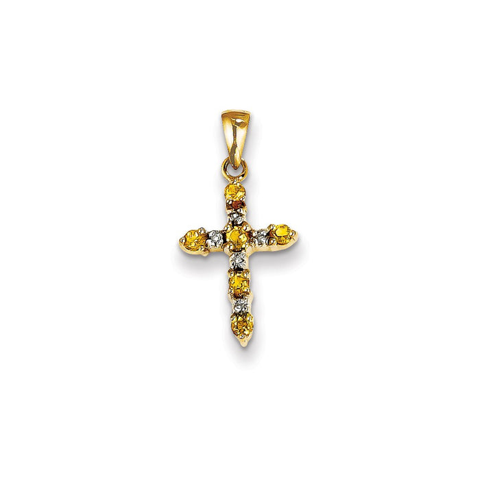 Million Charms 14K Yellow Gold Themed Citrine & Diamond Relgious Cross Pendant