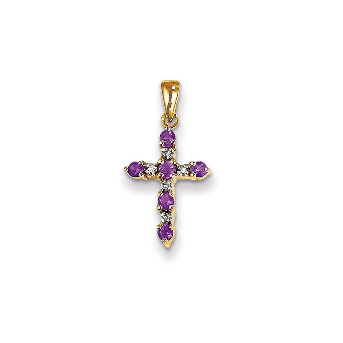 Million Charms 14K Yellow Gold Themed Amethyst & Diamond Relgious Cross Pendant