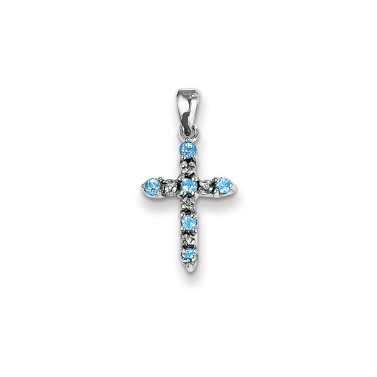 Million Charms 14K White Gold Themed Blue Topaz & Diamond Relgious Cross Pendant