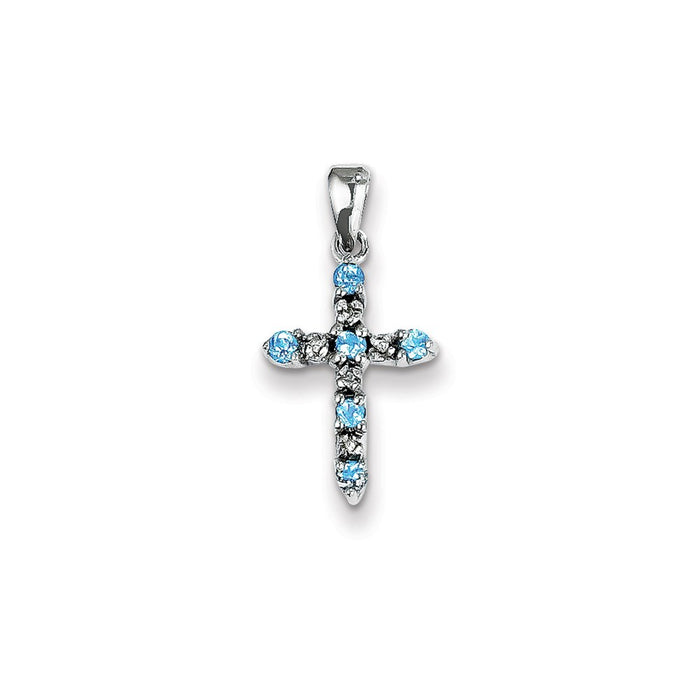 Million Charms 14K White Gold Themed Blue Topaz & Diamond Relgious Cross Pendant