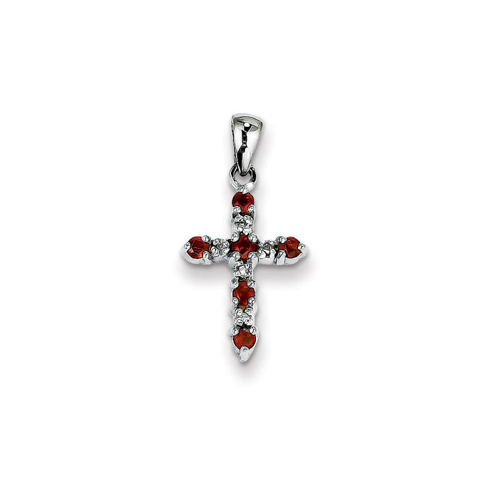 Million Charms 14K White Gold Themed Garnet & Diamond Relgious Cross Pendant