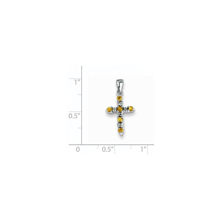 Million Charms 14K White Gold Themed Citrine & Diamond Relgious Cross Pendant