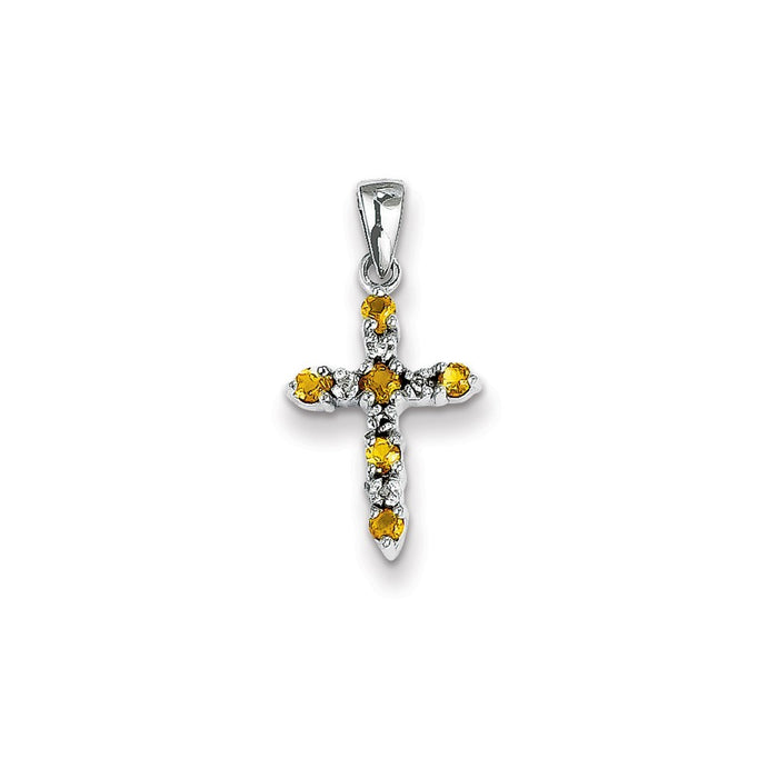 Million Charms 14K White Gold Themed Citrine & Diamond Relgious Cross Pendant