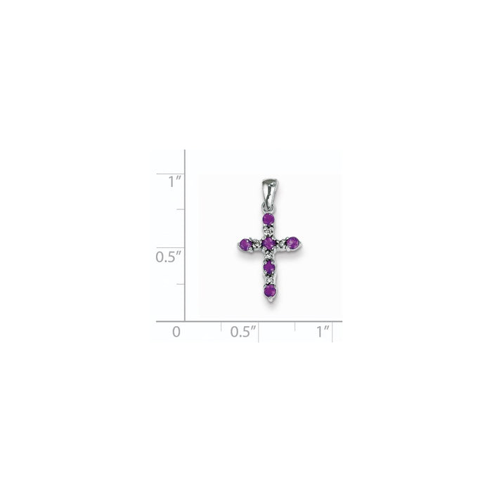 Million Charms 14K White Gold Themed Amethyst & Diamond Relgious Cross Pendant