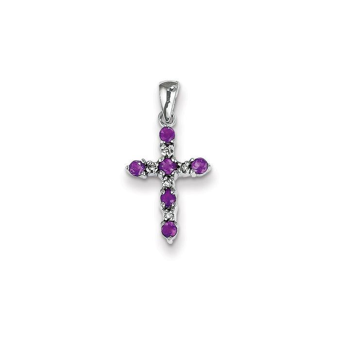 Million Charms 14K White Gold Themed Amethyst & Diamond Relgious Cross Pendant