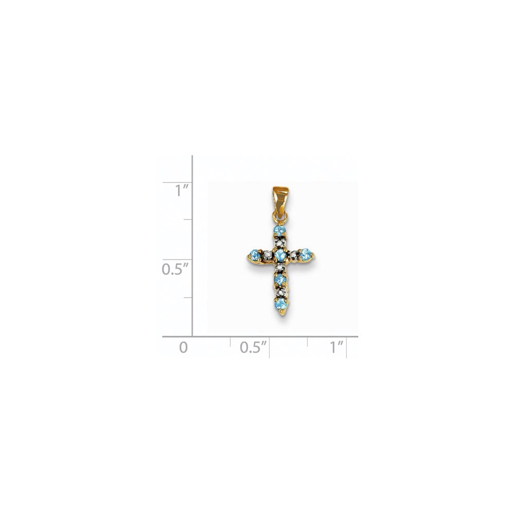 Million Charms 14K Yellow Gold Themed Blue Topaz & Diamond Relgious Cross Pendant