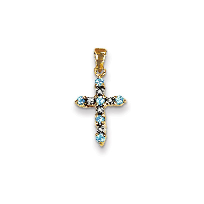 Million Charms 14K Yellow Gold Themed Blue Topaz & Diamond Relgious Cross Pendant