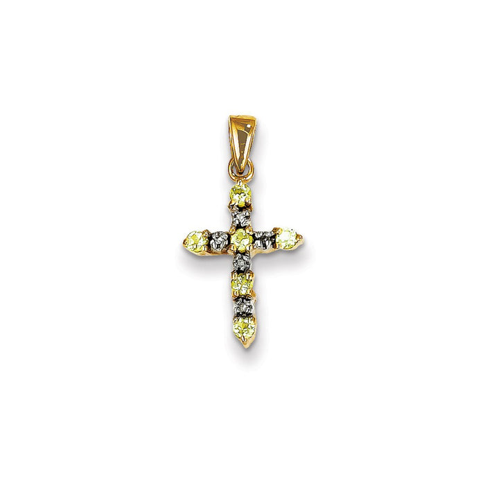 Million Charms 14K Yellow Gold Themed Peridot & Diamond Relgious Cross Pendant