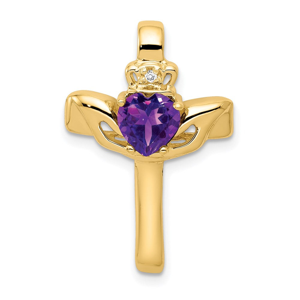 Million Charms 14K Yellow Gold Themed 6Mm Claddagh Amethyst Aaa Diamond Relgious Cross Pendant