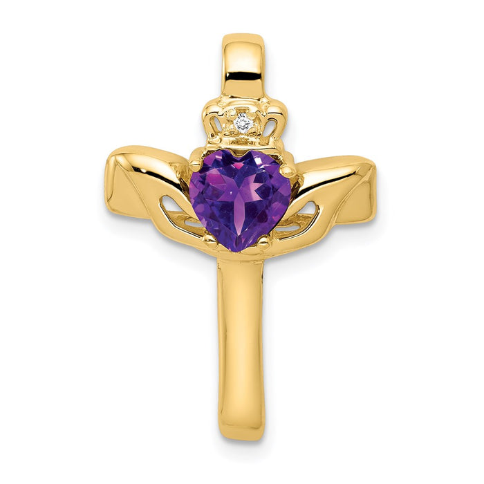 Million Charms 14K Yellow Gold Themed 6Mm Claddagh Amethyst Vs Diamond Relgious Cross Pendant