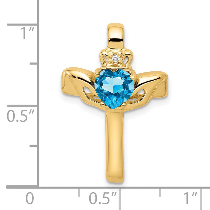 Million Charms 14K Yellow Gold Themed 6Mm Claddagh Blue Topaz A Diamond Relgious Cross Pendant