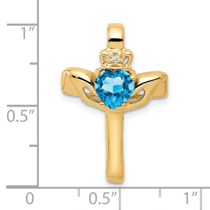 Million Charms 14K Yellow Gold Themed 6Mm Claddagh Blue Topaz Vs Diamond Relgious Cross Pendant