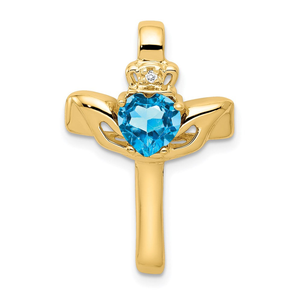Million Charms 14K Yellow Gold Themed 6Mm Claddagh Blue Topaz Aa Diamond Relgious Cross Pendant