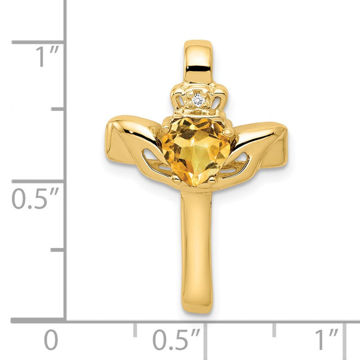Million Charms 14K Yellow Gold Themed 6Mm Claddagh Citrine Vs Diamond Relgious Cross Pendant