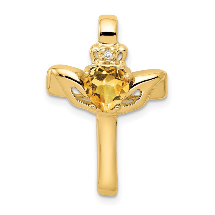 Million Charms 14K Yellow Gold Themed 6Mm Claddagh Citrine Aa Diamond Relgious Cross Pendant