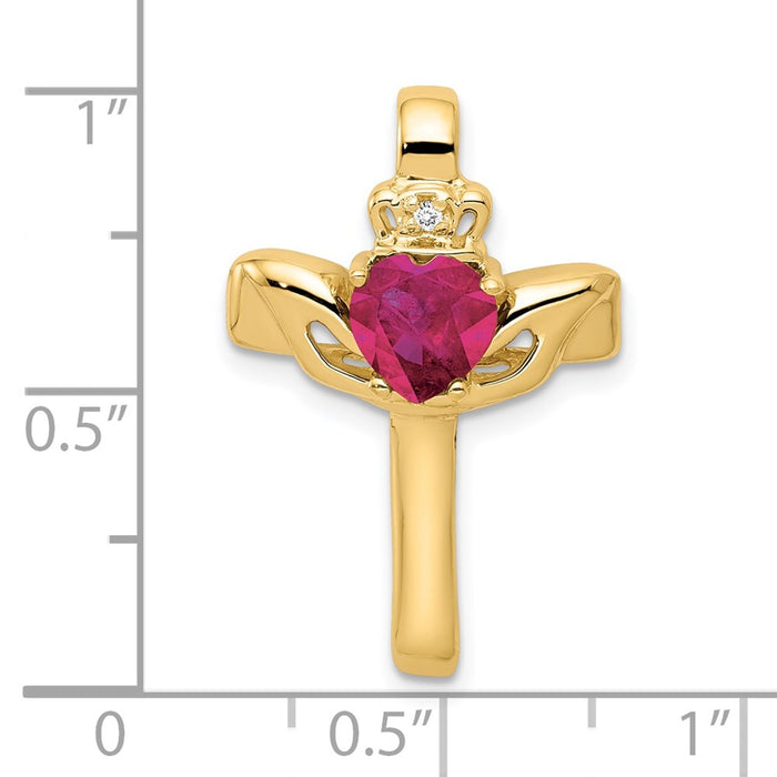 Million Charms 14K Yellow Gold Themed 6Mm Claddagh Created Ruby Aaa Diamond Relgious Cross Pendant