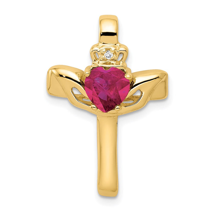 Million Charms 14K Yellow Gold Themed 6Mm Claddagh Created Ruby Vs Diamond Relgious Cross Pendant