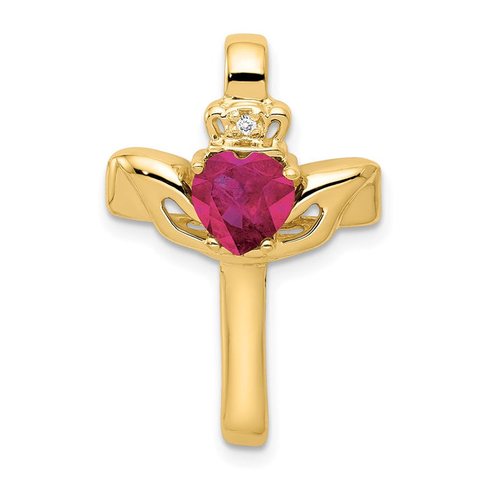 Million Charms 14K Yellow Gold Themed 6Mm Claddagh Created Ruby Aa Diamond Relgious Cross Pendant