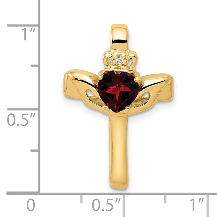 Million Charms 14K Yellow Gold Themed 6Mm Claddagh Garnet A Diamond Relgious Cross Pendant