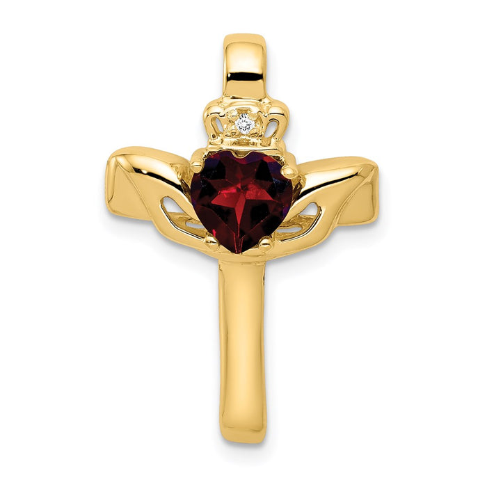 Million Charms 14K Yellow Gold Themed Garnet & Aa Diamond Claddagh Relgious Cross Pendant