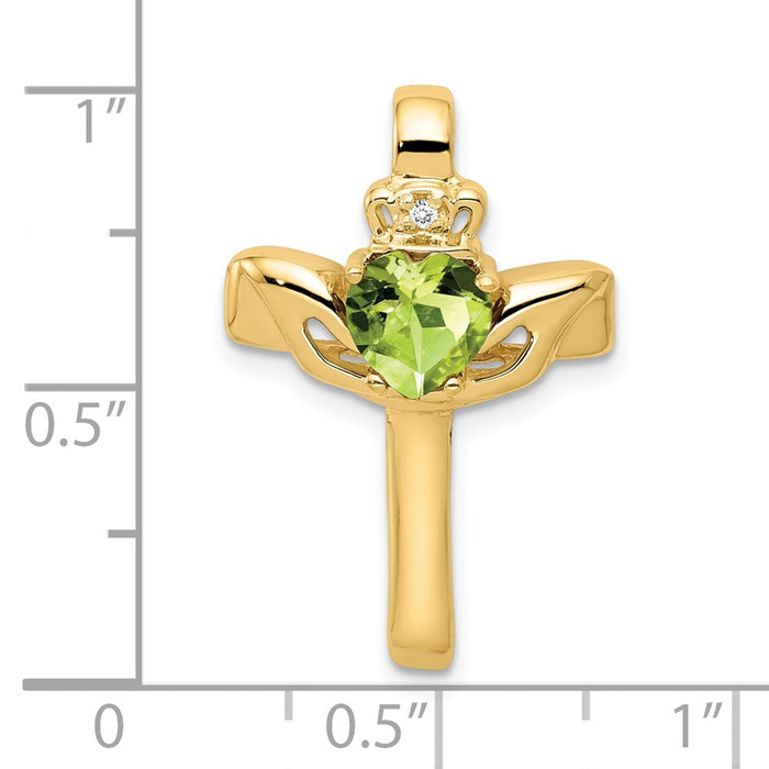 Million Charms 14K Yellow Gold Themed 6Mm Claddagh Peridot A Diamond Relgious Cross Pendant