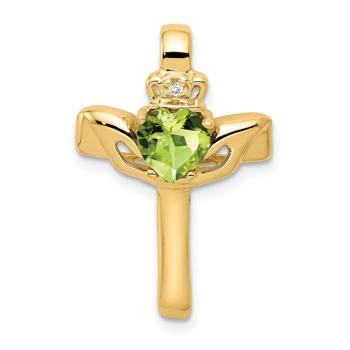 Million Charms 14K Yellow Gold Themed 6Mm Claddagh Peridot Aaa Diamond Relgious Cross Pendant