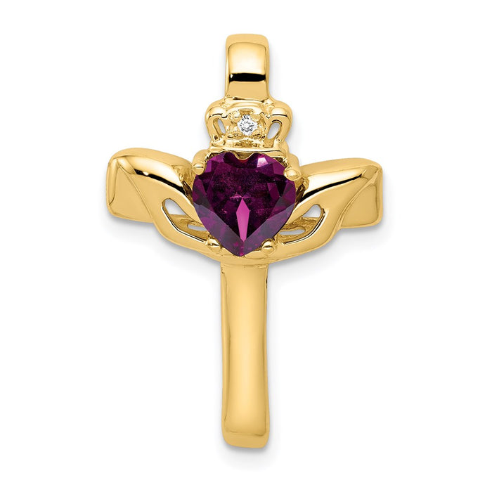 Million Charms 14K Yellow Gold Themed 6Mm Claddagh Rhodolite Garnet A Diamond Relgious Cross Pendant