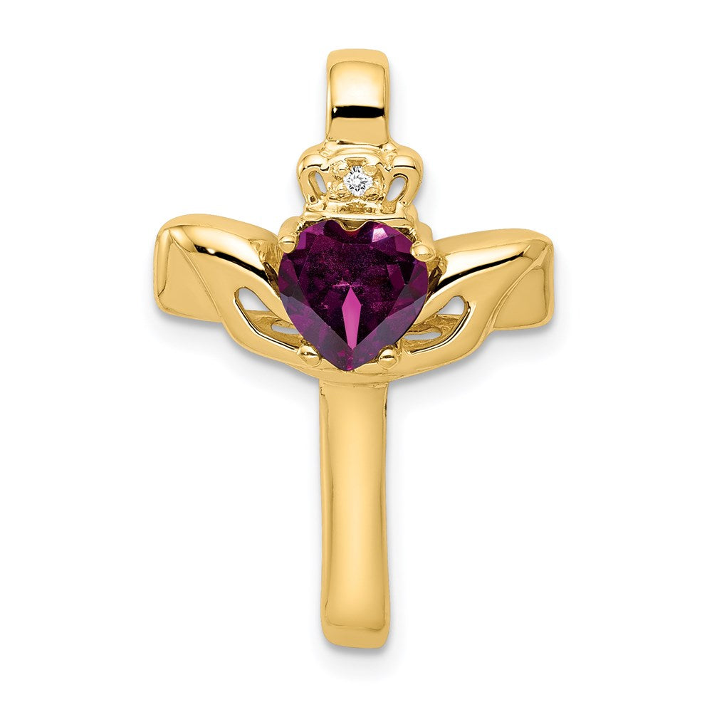 Million Charms 14K Yellow Gold Themed 6Mm Claddagh Rhodolite Garnet Aa Diamond Relgious Cross Pendant