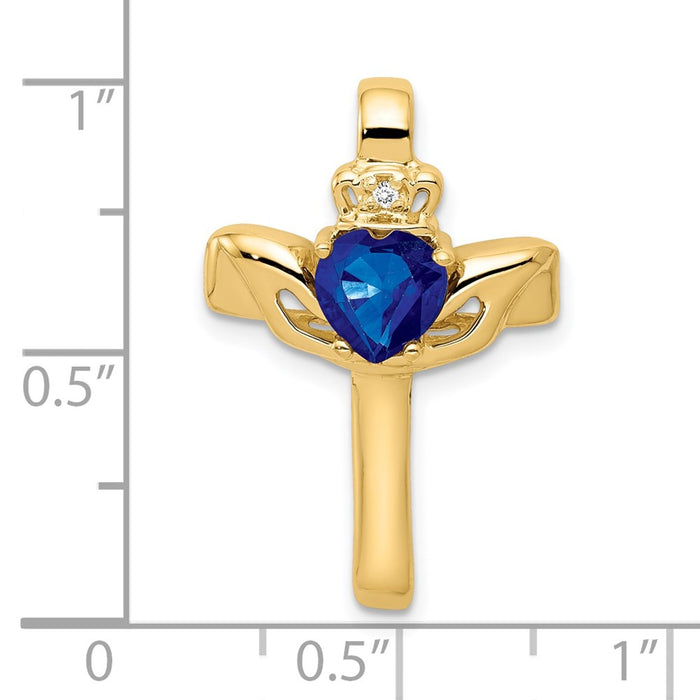 Million Charms 14K Yellow Gold Themed 6Mm Claddagh Sapphire A Diamond Relgious Cross Pendant