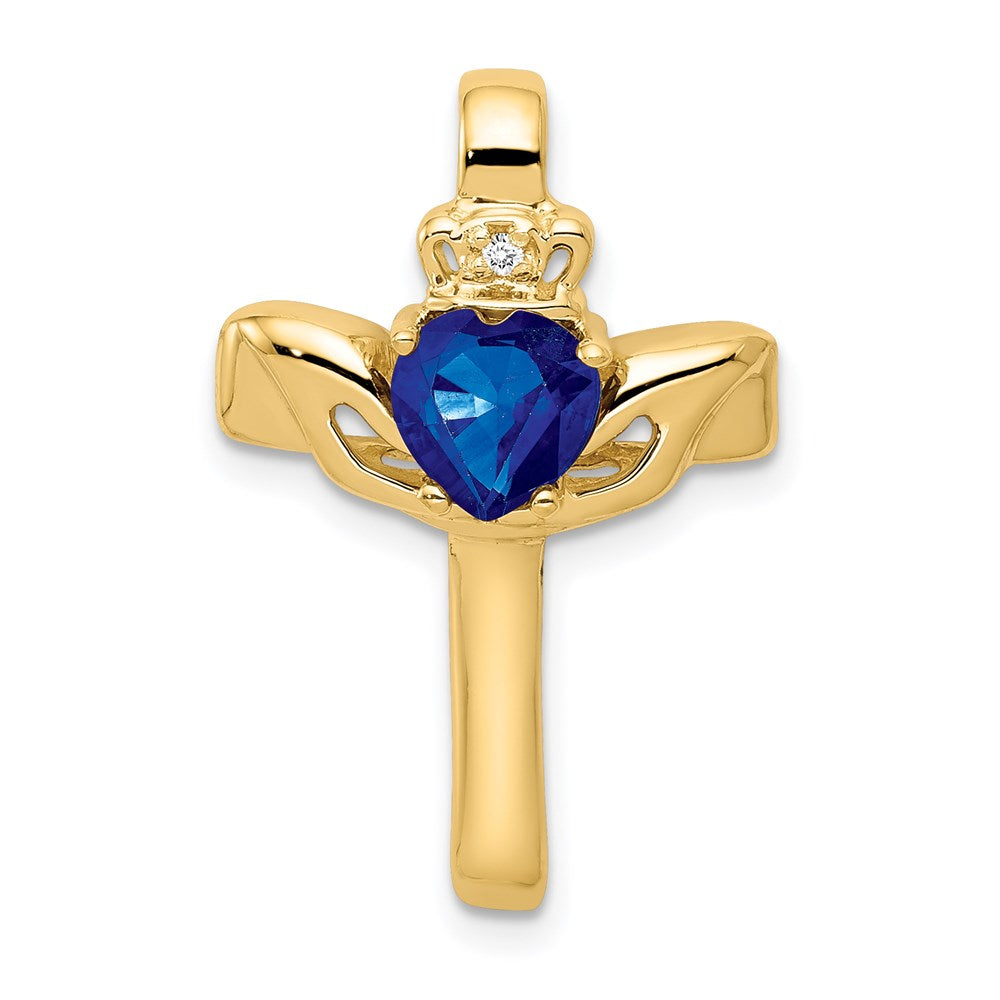 Million Charms 14K Yellow Gold Themed 6Mm Claddagh Sapphire Aa Diamond Relgious Cross Pendant