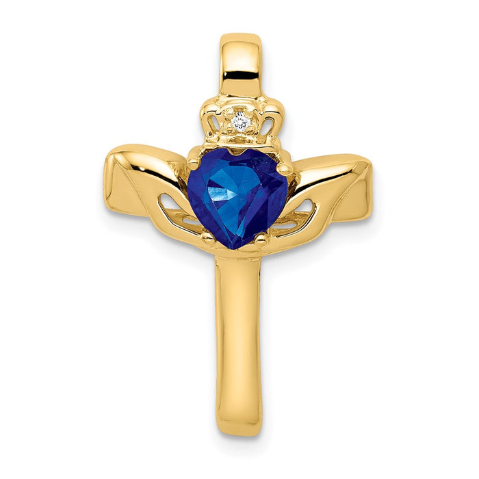 Million Charms 14K Yellow Gold Themed 6Mm Claddagh Sapphire A Diamond Relgious Cross Pendant