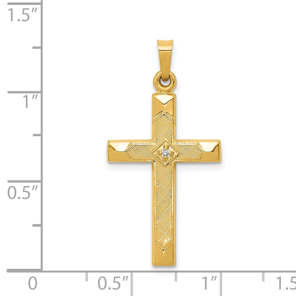 Million Charms 14K Yellow Gold Themed Textured, Polished Diamond Relgious Cross Pendant