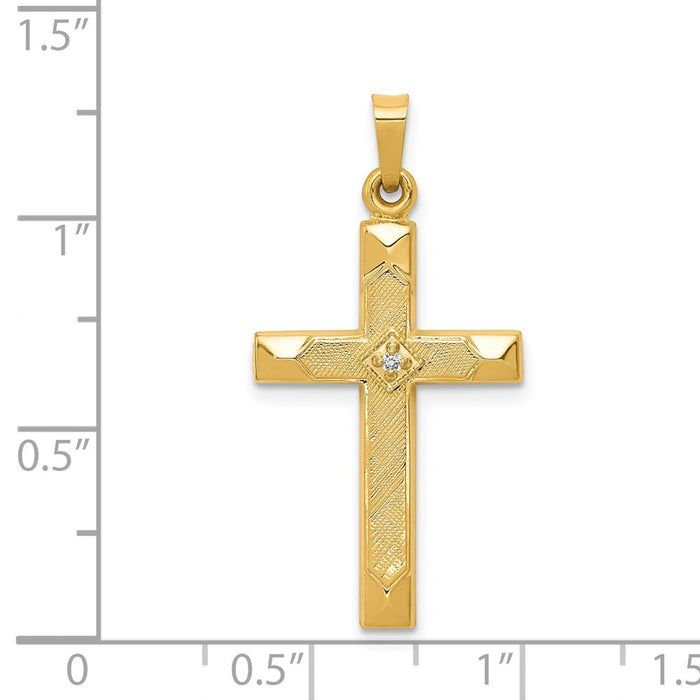 Million Charms 14K Yellow Gold Themed Textured, Polished Diamond Relgious Cross Pendant