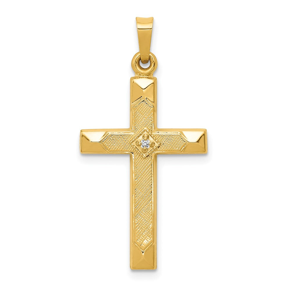 Million Charms 14K Yellow Gold Themed Textured, Polished Diamond Relgious Cross Pendant