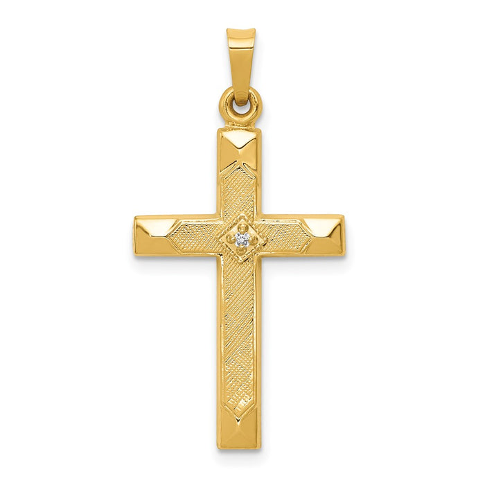 Million Charms 14K Yellow Gold Themed Textured, Polished Diamond Relgious Cross Pendant