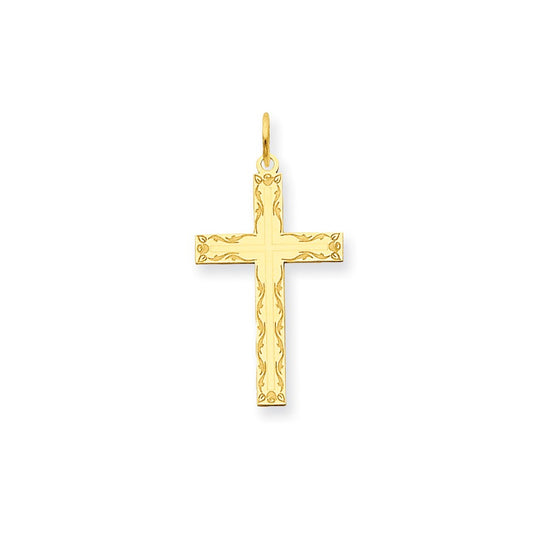 Dije de cruz religiosa con diseño láser temático de Million Charms en oro amarillo de 14 quilates
