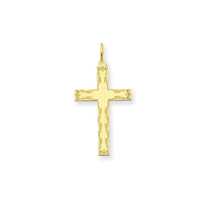 Million Charms 14K Yellow Gold Themed Laser Designed Relgious Cross Pendant